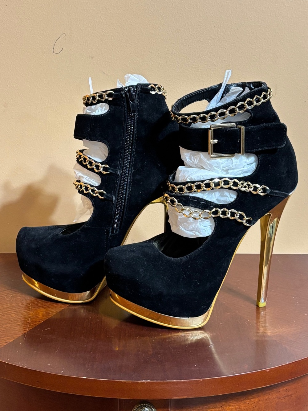 Black Suede Platform Heels with Gold Chain Accents